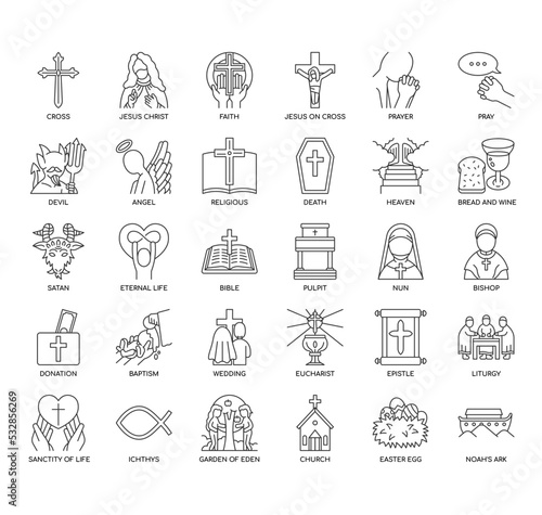 Fotografija Set of Christianity thin line icons for any web and app project.