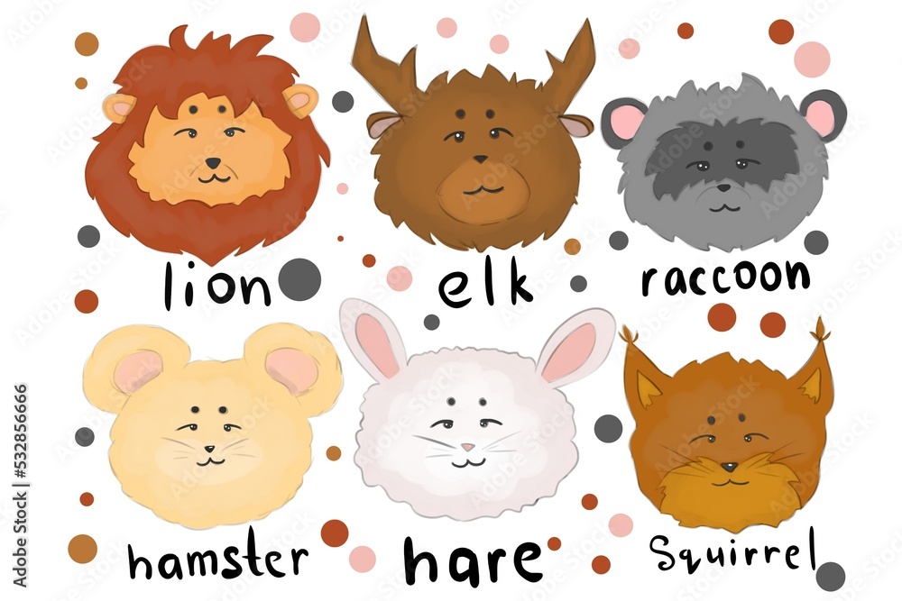 Set with small animals, color raster illustration Set with small animals, color raster illustration