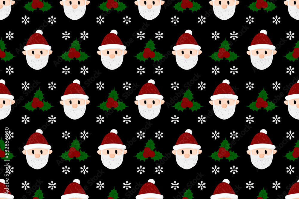 Christmas seamless pattern design. Santa, Christmas tree, snowflakes, Christmas leaves, berries, snowman, gift, wallpaper background Christmas seamless pattern design. Santa, Christmas tree, snowflakes, Christmas leaves, berries, snowman, gift, wallpaper background