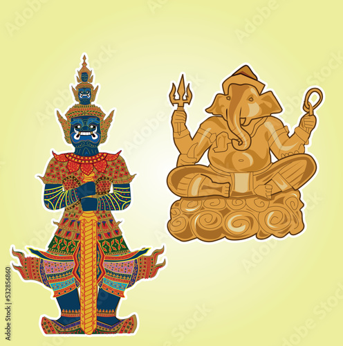 vector illustration Brahmin-Hindu god Ganesha, Thao Wessuwan on a yellow background.