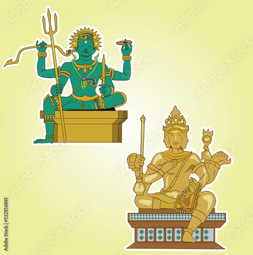 vector illustration Brahmin-Hindu gods Indra, Brahma on a yellow background