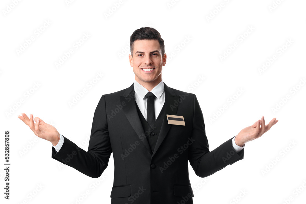 Portrait of happy receptionist in uniform on white background Portrait of happy receptionist in uniform on white background