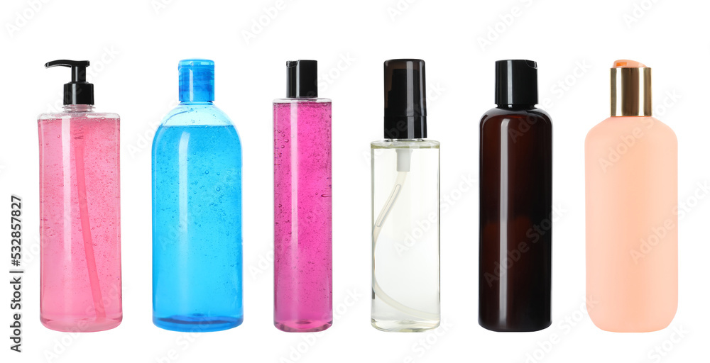 Set with different bottles of personal hygiene products on white background. Banner design Set with different bottles of personal hygiene products on white background. Banner design