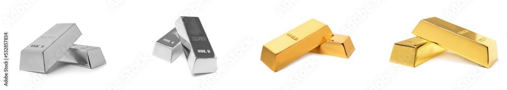 Set with shiny golden and silver bars on white background. Banner design Set with shiny golden and silver bars on white background. Banner design
