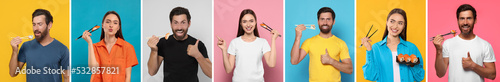 Collage with photos of people eating tasty sushi and rolls on different color backgrounds. Banner design