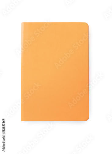 Orange notebook isolated on white, top view