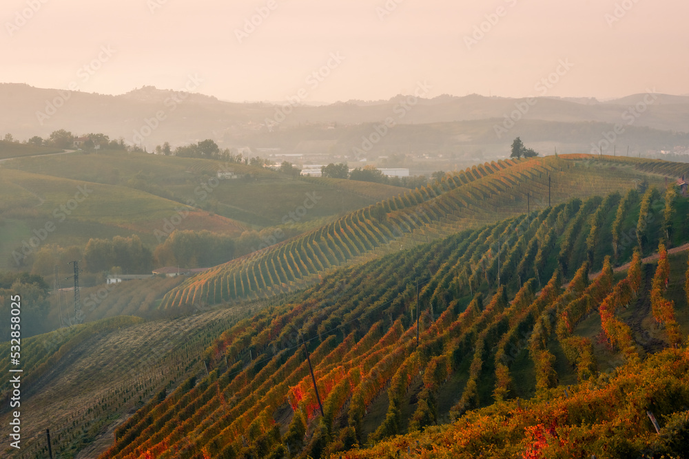 Naklejka premium Amazing sunset over the Langhe, famous vineyard UNESCO area of Piedmont, Italy during autumn