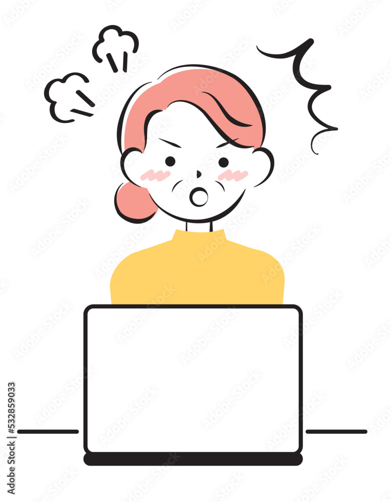 パソコン操作で怒るシニア女性　3c