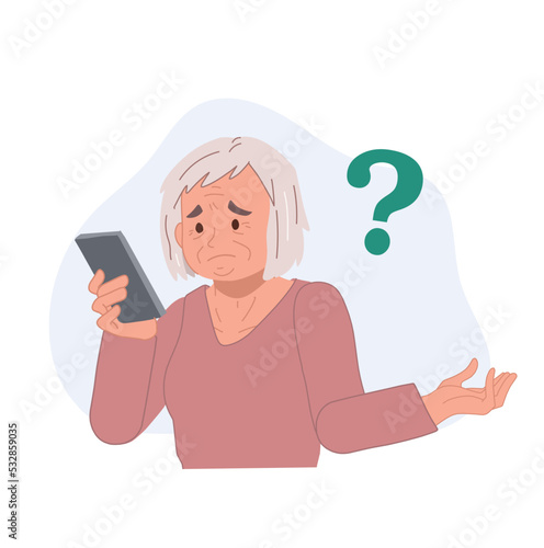 Grandparents have problems with cell phones. Senior man don't know how to use smartphone. Vector illustration