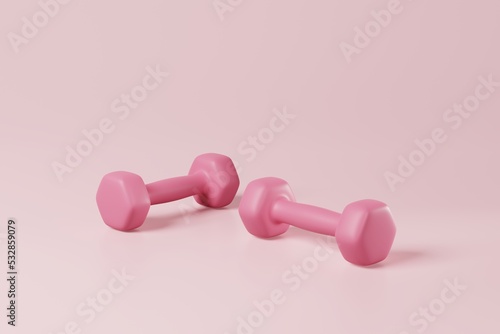Minimal pink dumbbell on pink background. Weight training activity, bodybuilding exercise, daily gym and fitness, dieting for health, sport heavy for muscular building equipment concept. 3d rendering © StockerThings