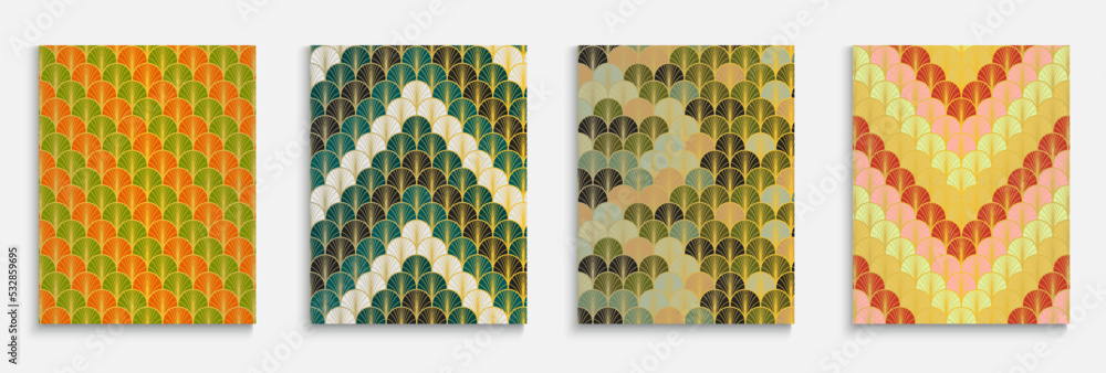 Fototapeta premium Chinese Golden Fan Simple Cover Set. Luxurious Halftone Frame. Minimal Dynamic Geo Textile Backgroud. Asian Vintage Template Set. Bright Color Ethnic A4 Design. Kimono Stripes Poster.