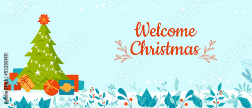 Welcome Christmas banner with tree and gift. New Year holiday postcard, winter greeting template design. Advertisement xmas poster invitation party, vector flyer or card