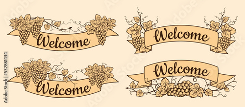 Welcome ribbon and grape vine set. Tape collection, decorative web icon kit of text banner. Label tag, scroll stripe vintage craft background invitation party. Engraving clipart graphic element