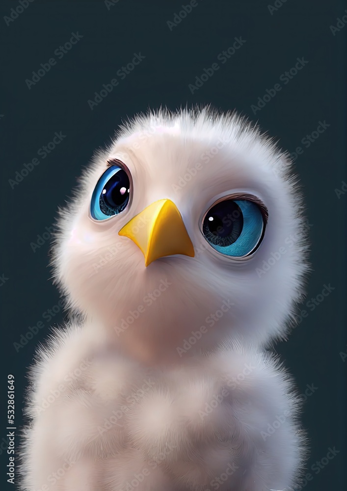 An adorable bird created by artificial intelligence using a 3D CGI style akin to modern American animation studios.