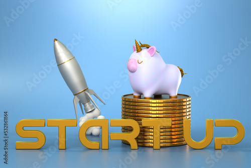 3d rendering illustration of unicorn with start up  project, creativity thinking idea, innovation and inspiration concept. Rocket launch on stacked coins to success goal