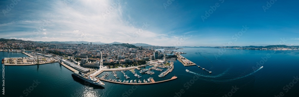 Fototapeta premium Aerial view of the important commercial and fishing port of Vigo in Galicia, Spain