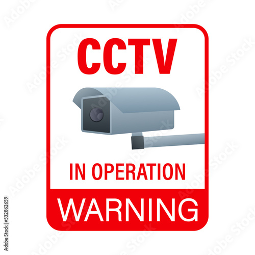 Icon with cctv on white background. Silhouette symbol. Camera icon. Caution warning sign sticker. Closed Circuit Television, CCTV. stock illustration.