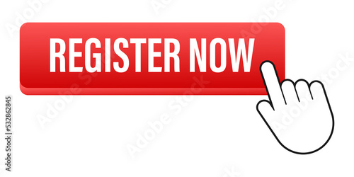 Register now with cursor button. Internet icon. Pointer click icon.  stock illustration.