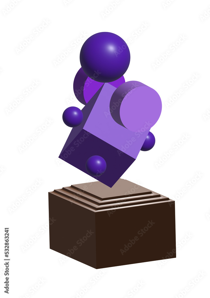 Art of blue cube shape on brown pedestal on white backgorund Art of blue cube shape on brown pedestal on white backgorund