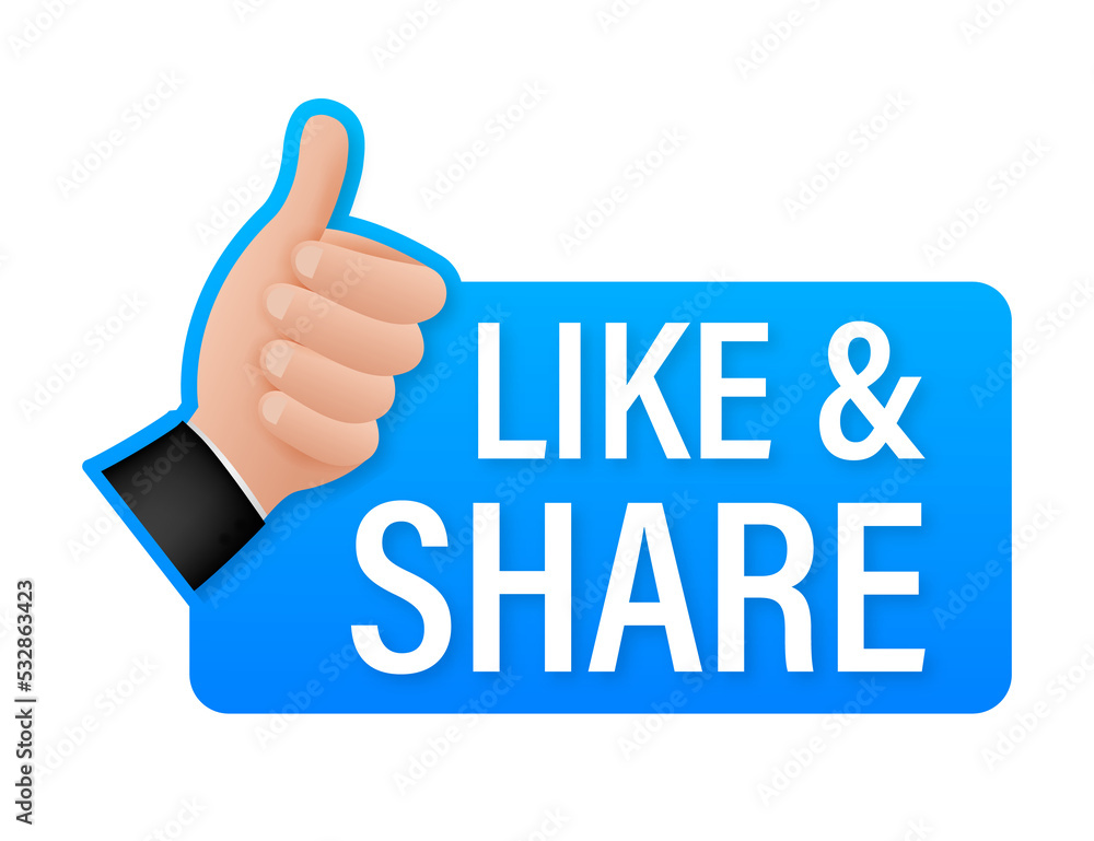 Share like on white background. Thumb up. Hand like. Social media sign. stock illustration. Share like on white background. Thumb up. Hand like. Social media sign. stock illustration.