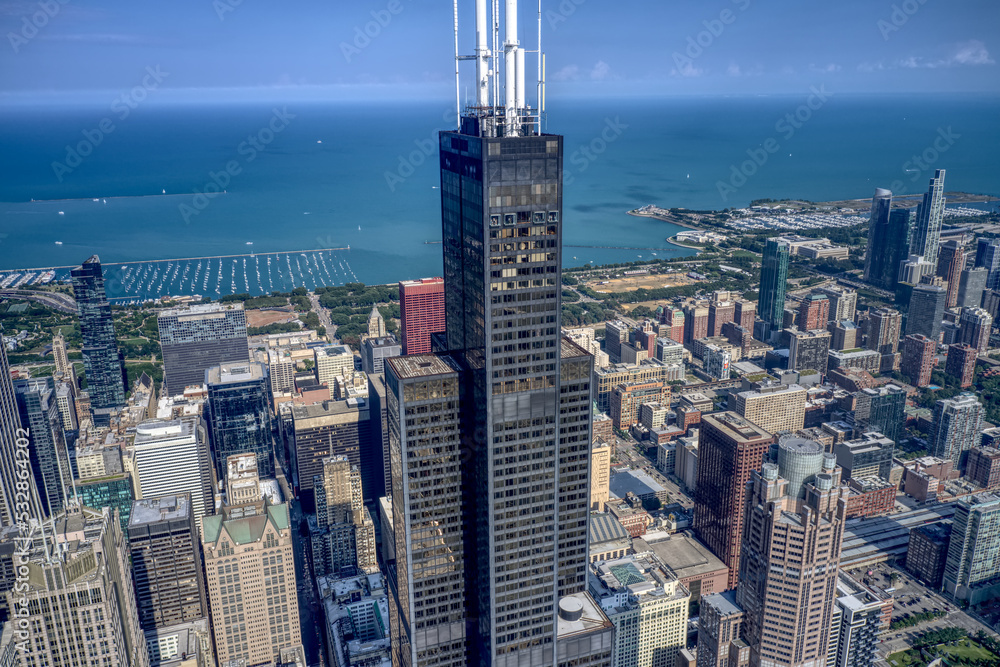Aerial Drone shot of the Sears Tower facing East Stock Photo