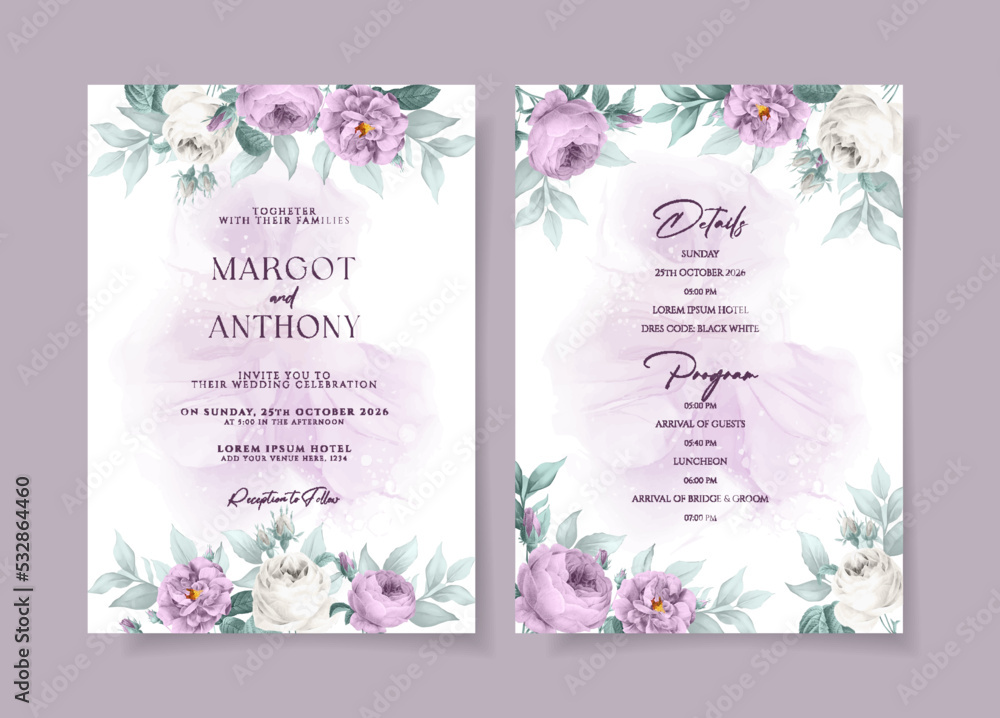 Beautiful floral wedding invitation template set with purple roses and leaves decoration Beautiful floral wedding invitation template set with purple roses and leaves decoration