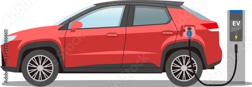 Red electric SUV car with charging station. Vector illustration BEV
