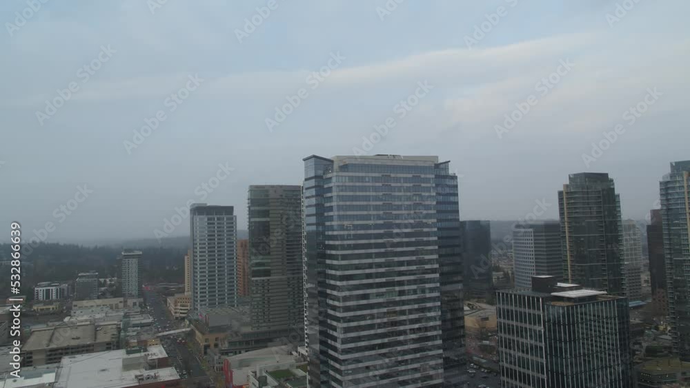 Downtown Seattle, Washington close up aerial in winter in February Downtown Seattle, Washington close up aerial in winter in February