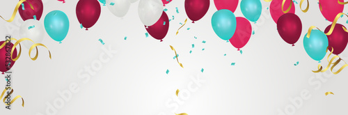 Grand opening card design with balloons  white and red ribbon with confetti,  Multicolored Anniversary Illustration photo