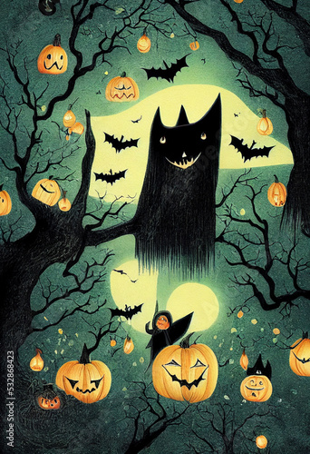Canvastavla Halloween abstract children's illustration with spooky trees