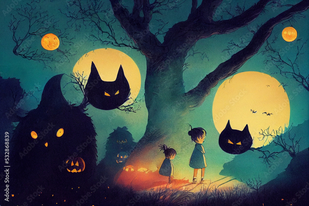 Halloween abstract children's illustration with spooky creatures