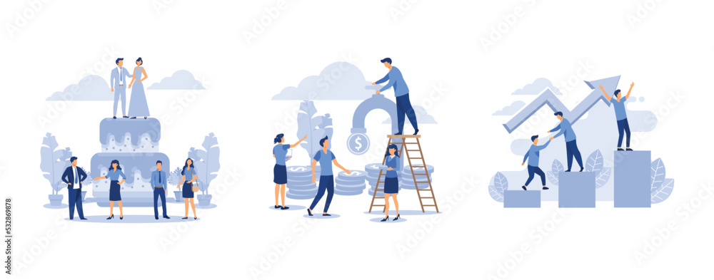 a big wedding cake with a pair of bride and groom, Receipt of money from the tap, rise of the career to success, set flat vector modern illustration a big wedding cake with a pair of bride and groom, Receipt of money from the tap, rise of the career to success, set flat vector modern illustration