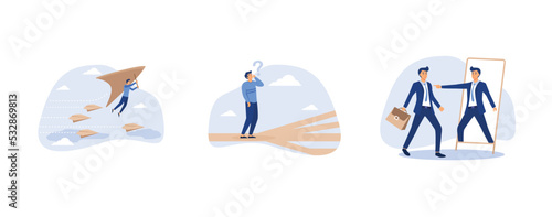 Innovative way to win business competition, confused businessman thinking make decision on multiple route ahead, frustrated businessman looking at mirror with his shadow encourage his confidence, set 