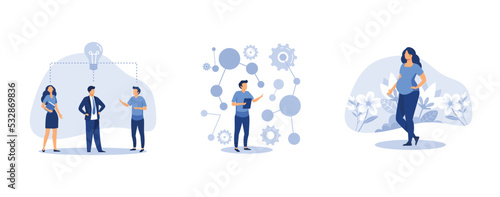 teamwork, the scientist conducts laboratory studies and studies the statistical data of the results, a pregnant woman expecting a baby around the flowers, set flat vector modern illustration