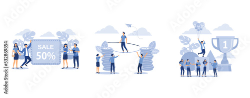 50 percent discount, the business team overcomes obstacles and achieves success in the financial sphere, an obstacle to the cup and success, set flat vector modern illustration