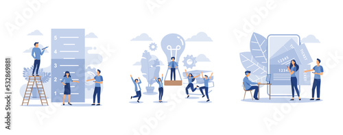 small people measure how many have reached the goal, balloon flies up the company of little men rejoice, buying tickets online through your smartphone, set flat vector modern illustration