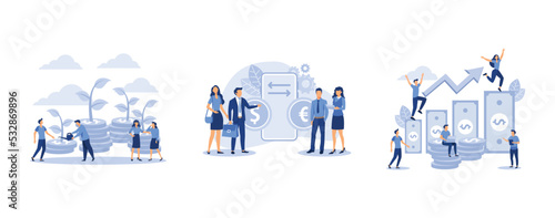 career growth to success, euro and dollar coins, investment management, set flat vector modern illustration