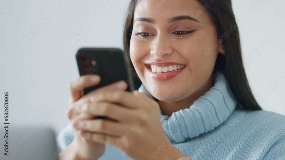 Happy, phone and woman typing on a dating app on the internet with a big smile after reading a message. Happiness, content and young girl texting, comment or chatting online on a social media post Happy, phone and woman typing on a dating app on the internet with a big smile after reading a message. Happiness, content and young girl texting, comment or chatting online on a social media post
