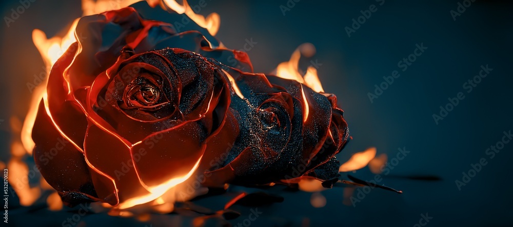 Heartbroken concept by spectacular fresh rose petals on fire, leaving ...
