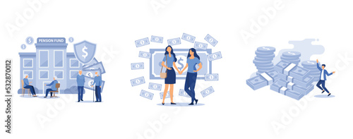 clock and money, woman and man business handshake , wallet with money dollar bill, set flat vector modern illustration