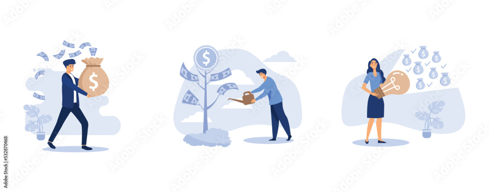 Fototapeta premium Flat young smiley businessman carrying full money bag, a businessman is watering a money tree, saving energy and money concept, set flat vector modern illustration
