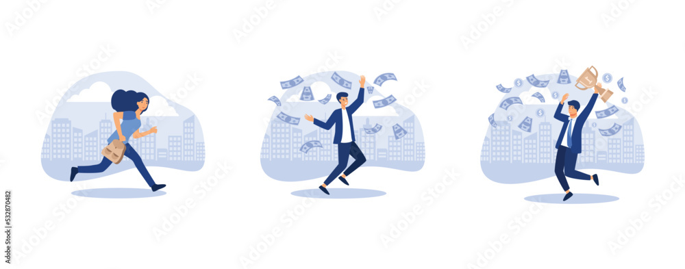 Business lady with a briefcase in her hand is late and in a hurry, flat young smiley businessman jumping under rain of money banknotes, happy business man jumping under money rain with Golden Trophy C