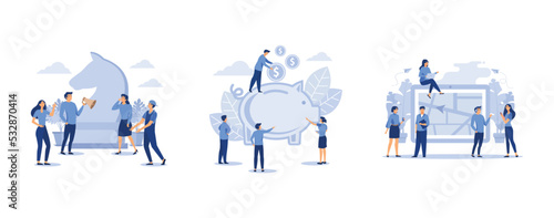 businessmen plan a business plan strategy, a large piggy bank in the form of a piglet on a white background, online map on a tablet, set flat vector modern illustration