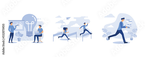 Sharing and search business ideas, concept of business motivation and ambition, online books and study guides, set flat vector modern illustration