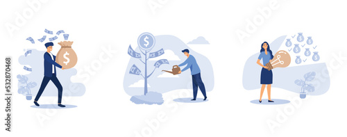 Flat young smiley businessman carrying full money bag, a businessman is watering a money tree, saving energy and money concept, set flat vector modern illustration