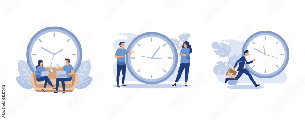 Man and Woman Sitting on Couch or Sofa and Working on Laptop, A man and a woman near a large clock, the man runs after the clock, set flat vector modern illustration Man and Woman Sitting on Couch or Sofa and Working on Laptop, A man and a woman near a large clock, the man runs after the clock, set flat vector modern illustration