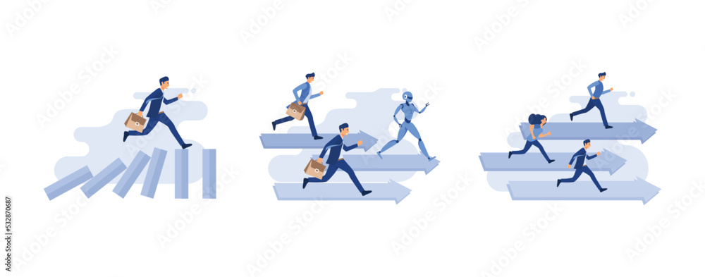 businessman running on top of domino effect, robot competition human worker and win, people run to their goal along the arrow to the cutter, set flat vector modern illustration businessman running on top of domino effect, robot competition human worker and win, people run to their goal along the arrow to the cutter, set flat vector modern illustration