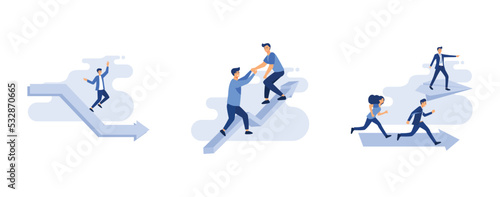 businessman get tripped by down graphic, team of people work hard to reach top position, new opportunities and strategies metaphor, set flat vector modern illustration