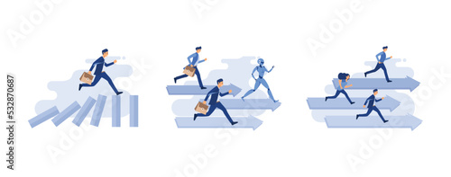 businessman running on top of domino effect, robot competition human worker and win, people run to their goal along the arrow to the cutter, set flat vector modern illustration