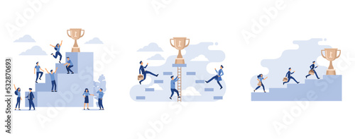 businessmen climb the ladder to the goal in the form of a golden cup, Ttree businessmen climb the ladder to the goal on the trophy on sky, team running to the top, set flat vector modern illustration photo